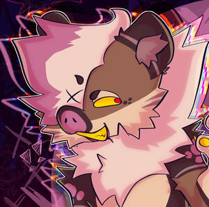 an image of a hyena-pig hybrid furry lunging in from the right of the image, a hand can be seen raised to the far right, he has a mischievous expression and a big yellow-toothed smile