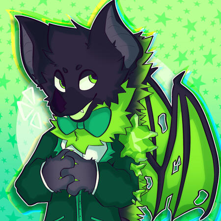 an image of a green and black bat with his hands clasped in front of him, he is wearing a dark green suit with a large green bowtie, he looks like he is ready to propose a business deal