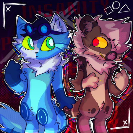 an image of a blue pallas’ cat furry to the left and a hyena-pig hybrid furry to the right, the pallas’ cat looks cautious, almost worried, while the hyena-pig hybrid is grinning evilly
