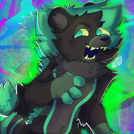 an image of a hyena furry hitting a pose lunging in front the left of the camera, she has one arm raised and the other at her side, and one of her legs lifted, her mouth is open in a wide smile