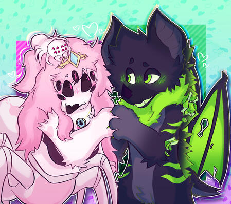 an image with two characters, a pink and white spider furry to the left, whose mouth is open in happiness, and to the right, a green and black bat furry who is smiling and blushing, both of the furries are holding hands with each other because they are in
