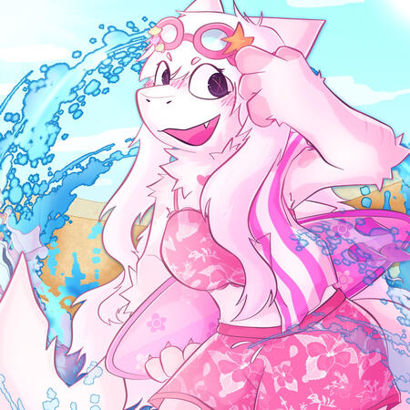 an image of a pink and white shark furry at the beach, dressed in a pink bikini and shorts, she has a surfboard under one arm and a towel over one shoulder, there is water splashing around her because she is at the beach