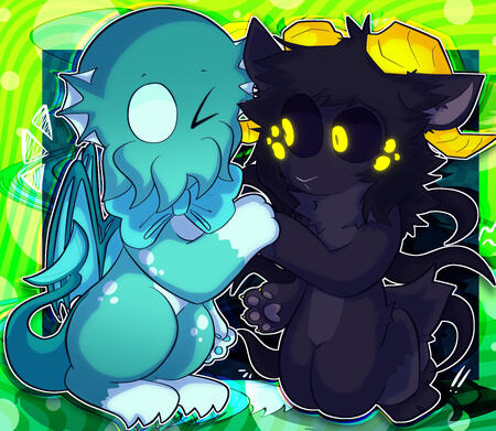 an image of two furries kneeling and holding hands, to the left is a cthulhu-styled furry who is winking, and has a big cyan bow tie along, to the right is a black goat with 8 yellow eyes and yellow horns, who has black hair and 6 eldritch tentacles